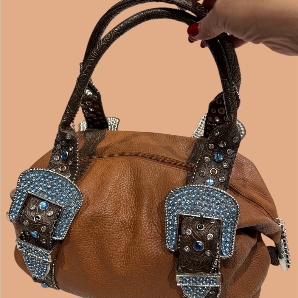 Charm & Luck Leather handbag with blue crystals embellished shoulder bag
